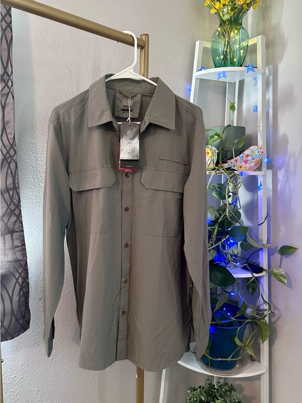 Men's Olive Green Performance Button-Up Shirt - 100% POLYESTER